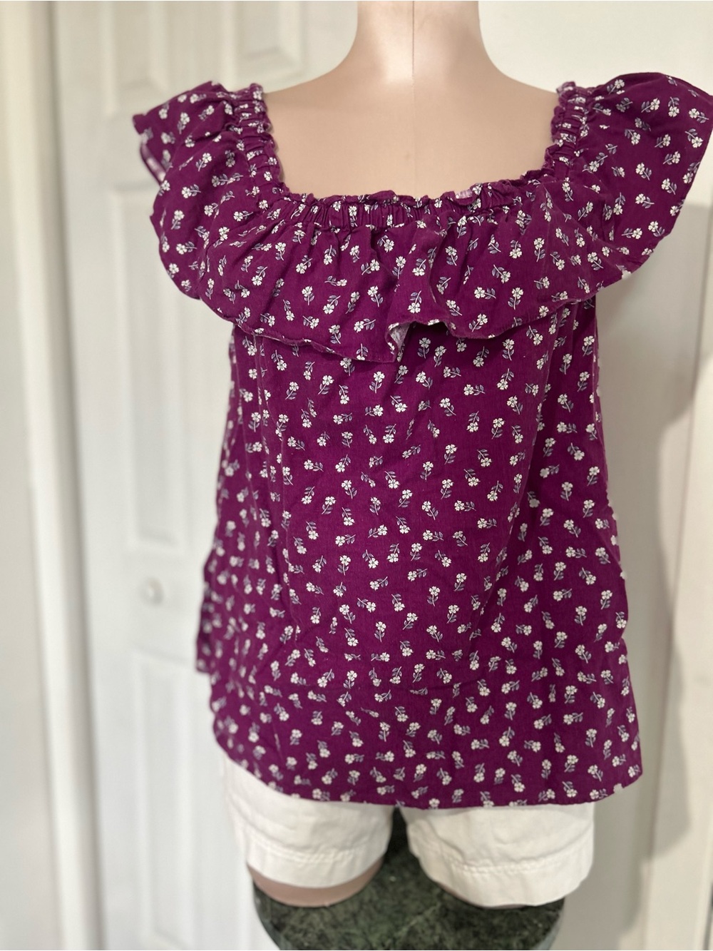 LOFT Purple Floral Off-Shoulder Ruffle top size M